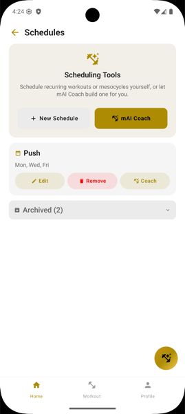 AI schedule builder showing a multi-week training program with day-by-day exercise breakdown